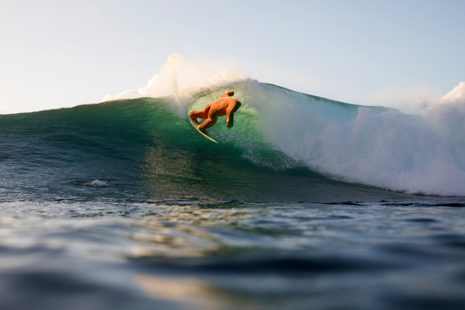 An orange surfing sasquatch doing a top turn on a wave aboard a wooden surfboard