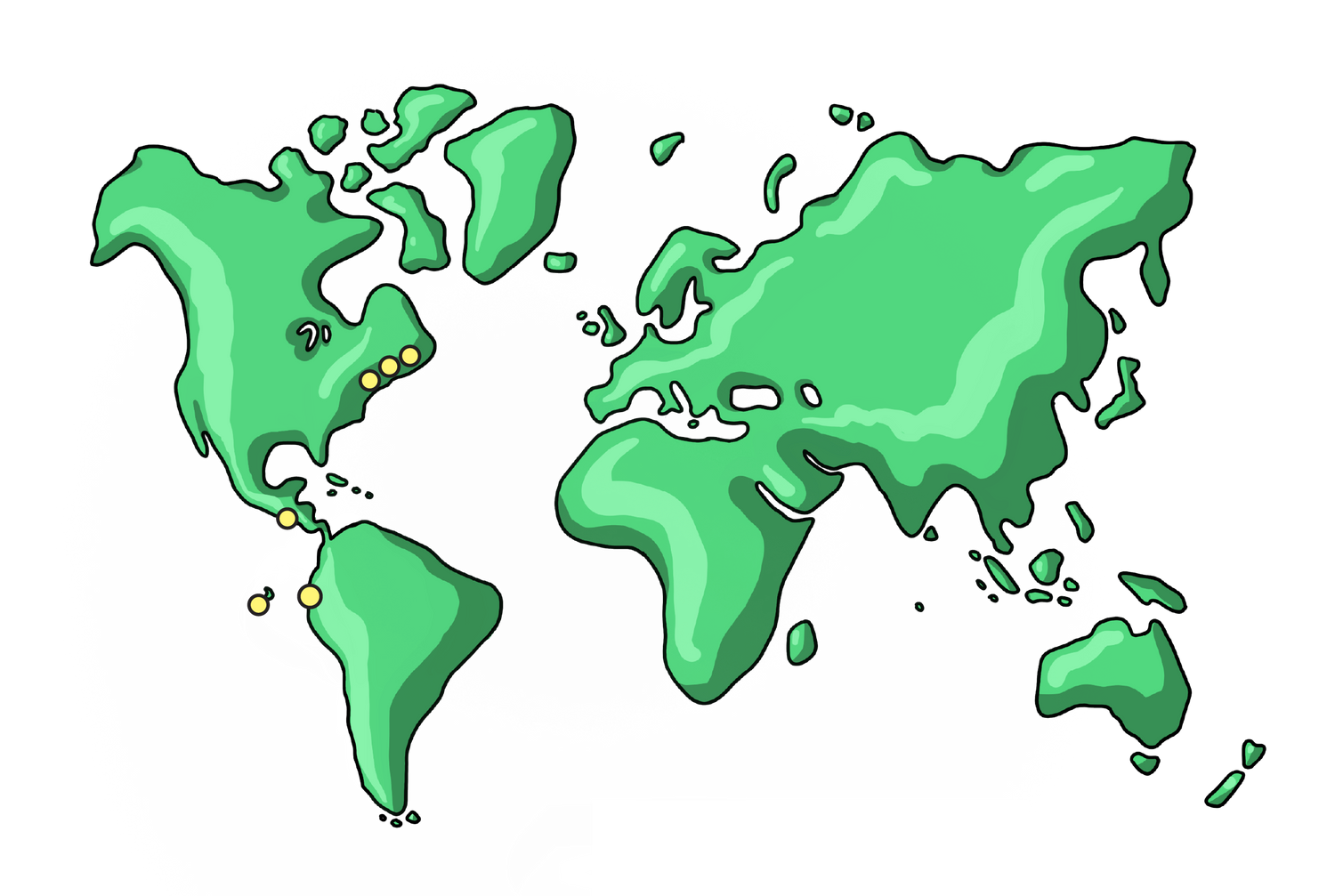 Stylized illustration of a world map highlighting the locations in which Naturebarrels products can be found in stores.