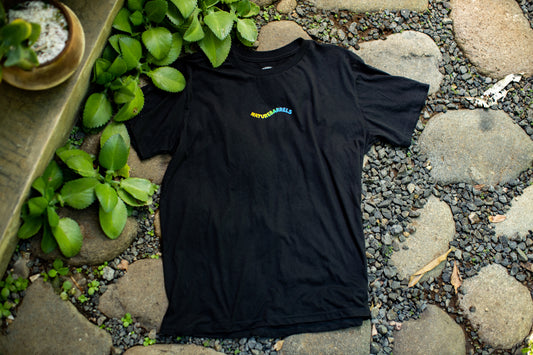Black t-shirt lying flat on natural stones and leaves, with a small logo printed on the chest on a yellow and blue gradient. The logo reads "naturebarrels" and is designed as a squiggle, or subtle wave shape.