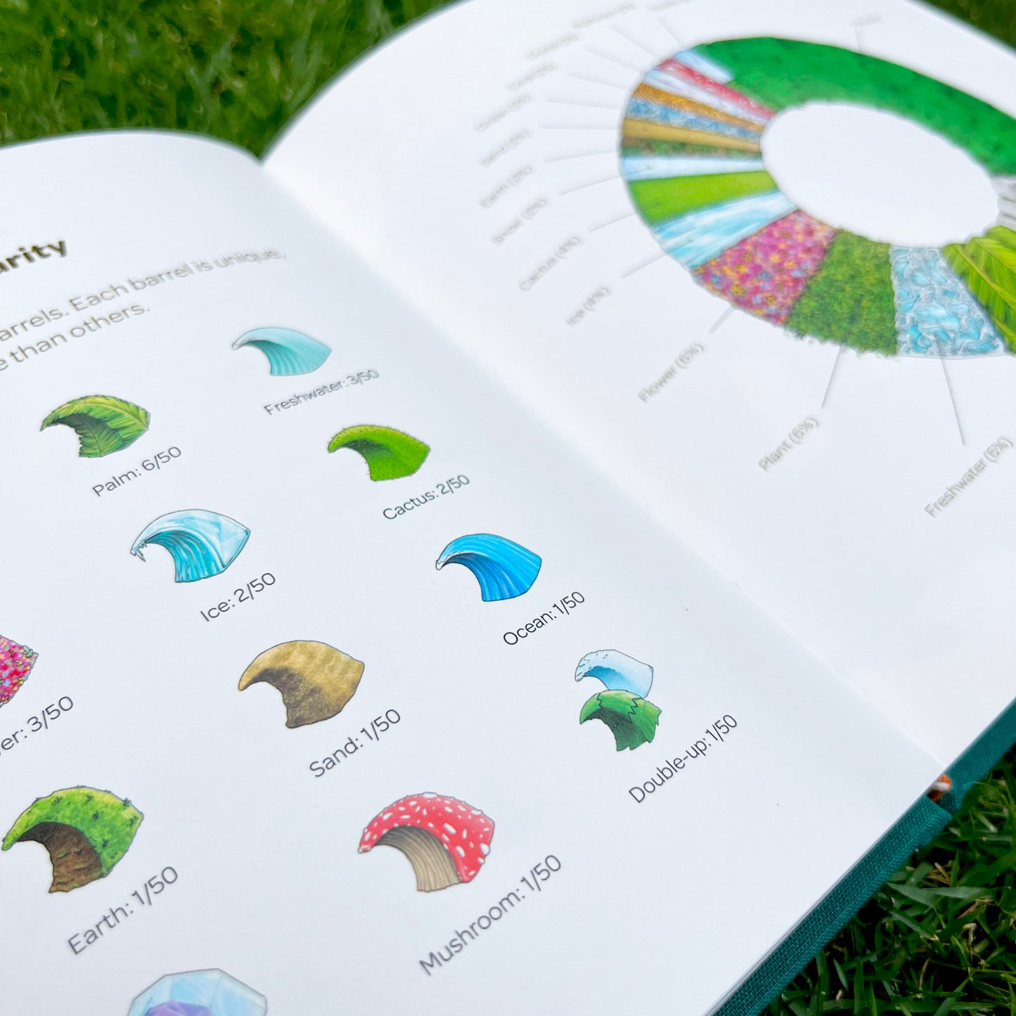 A close-up view of an open book on grass, showcasing a page with various illustrated barrel waves labeled 'Palm', 'Ice', 'Cactus', etc., next to a circular infographic representing barrel rarity in the book.