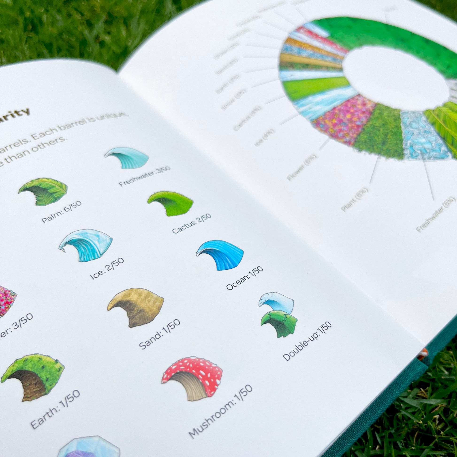 A close-up view of an open book on grass, showcasing a page with various illustrated barrel waves labeled 'Palm', 'Ice', 'Cactus', etc., next to a circular infographic representing barrel rarity in the book.