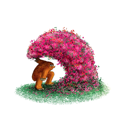 A vibrantly colored illustrtation of an orange sasquatch with a great moustache crouching under a bright pink wave-shaped bougainvillea bush. 