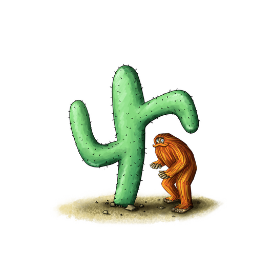 A vibrantly colored illustrtation of an orange sasquatch with a great moustache standing under a wave-shaped cactus