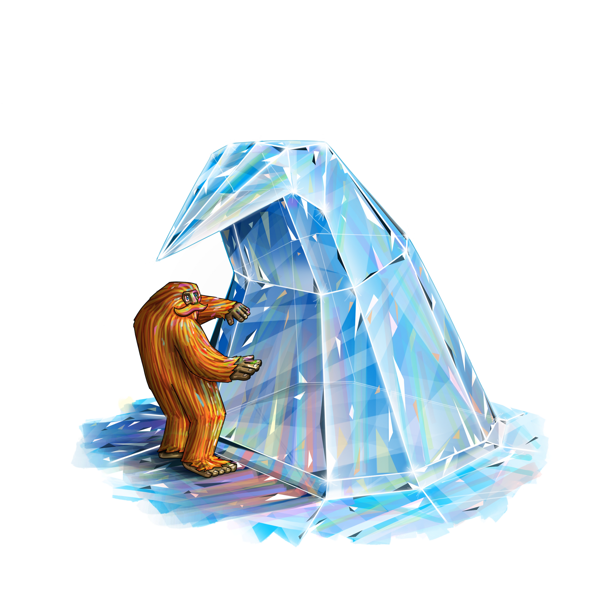 A vibrantly colored illustrtation of an orange sasquatch with a great moustache standing under a wave-shaped diamond with colorful reflections