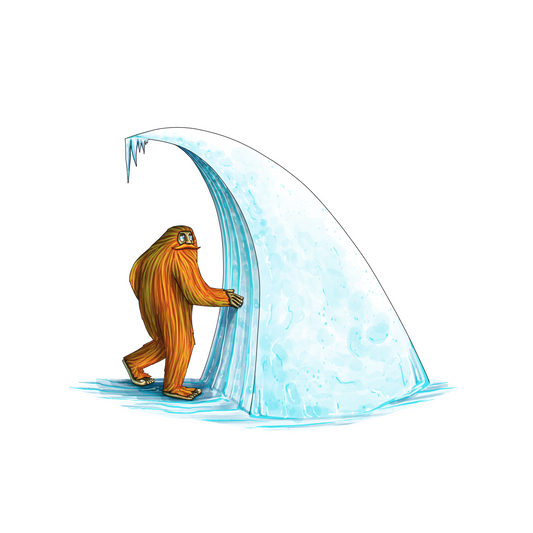 A vibrantly colored illustrtation of an orange sasquatch with a great moustache standing under a wave-shaped ice formation