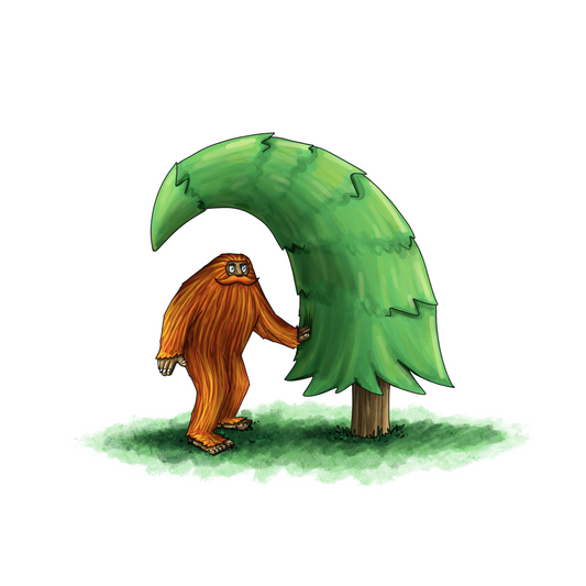 A vibrantly colored illustrtation of an orange sasquatch with a great moustache standing under a wave-shaped pine tree.
