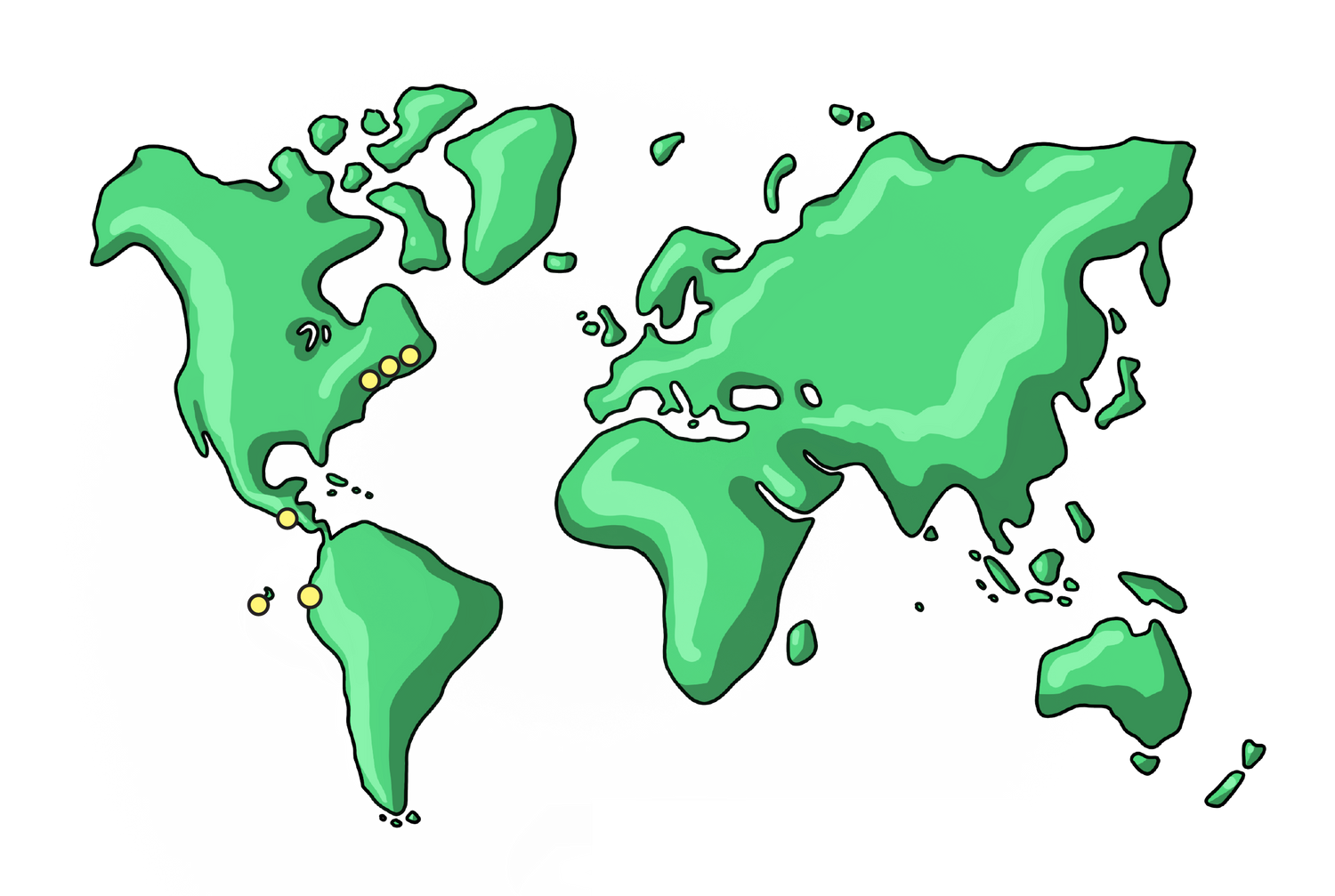 Stylized illustration of a world map highlighting the locations in which Naturebarrels products can be found in stores. 