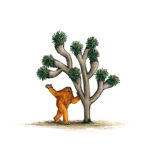 A vibrantly colored illustrtation of an orange sasquatch with a great moustache standing under a wave-shaped Joshua Tree
