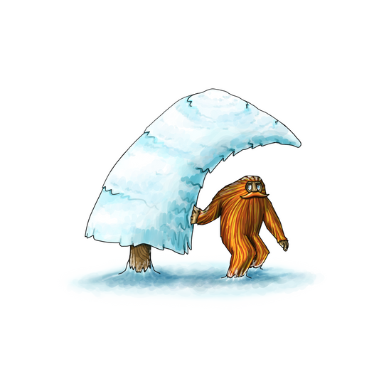 A vibrantly colored illustrtation of an orange sasquatch with a great moustache standing under a wave-shaped snow-covered pine tree
